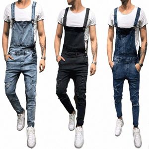 Fi Mens Jeans strappati Pagliaccetti Casual con cintura Tute Hole Denim Salopette Bike Jean 49jw #