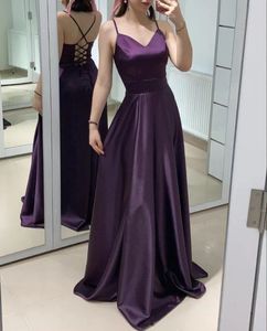 Elegant Spaghetti Straps V-Neck Satin Evening Dresses With Slit A Line Floor Length Purple Prom Dress Formal Party Gown for Women