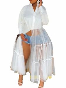 LW Plus Size Women's Clothing Trendy Patchwork See-Through White Ankle Length Dr Causal Loose Coat Top Spring New Maxi Dr 465m#