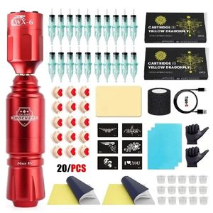 Complete Wireless Tattoo Machine Kit with Power Battery 20pc Cartridge Needles 2pc Transfer Gel Paper 14pc Ink 240327