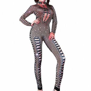 black Mesh Transparent Skinny Elastic Jumpsuits Sparkly Rhinestes Women Bodysuits Birthday Party Outfit Nightclub Costumes U7Se#