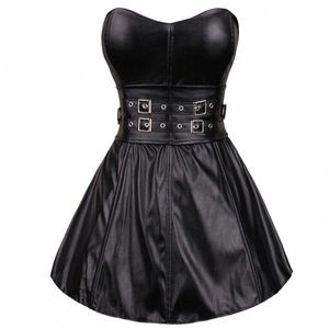 Sexy Back Zipper Lady Gothic Punk Leather Bustier Corset Mini Dr para Clubwear Party Dres Vestido Preto Plus Size L34B #