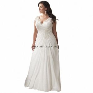 elegant Plus Size Wedding Dres V-neck Cap Sleeves Robe de Mariage Sweep Train Appliqued Open Back Chiff Bridal Gown 23CH#
