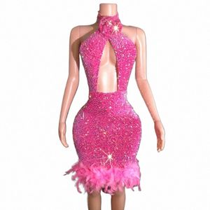 Lucido rosa paillettes Dr sexy halter piuma sera Dres donne ballerino costume compleanno festeggiare outfit Stage Wear XS6535 A4dU #