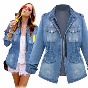 fi Distred Denim Jacket Womens Plus Size Casual Solid Color Oversized Spring Ladies Slim Waist Jeans Chain Jacket Pocket V5ND#
