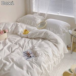 Japan Style Solid Color Bedding Set Cute Girl Ruffle Lace Pink Bed Skirt Kids Duvet Cover With Pillow Case Sheet For Women 240329