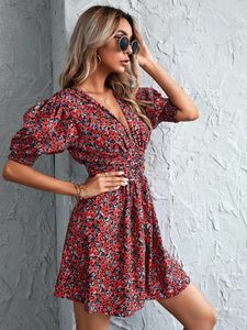 Party Dresses Floral Print Shirred Back Puff Sleeve Dress