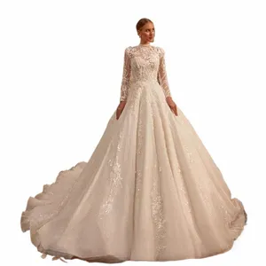 Lg mangas rendas casamento dr 2024 a linha de alta pescoço bunda muçulmano vestido de noiva applique tule feito sob encomenda vestido de noiva e79j #