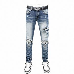 Street fi Men jeans högkvalitativ retro blå stretch mager rippade jeans män läder lappa designer hip hop varumärke byxor 18ce#
