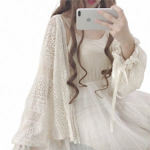 Kvinnor Cardigan Loose spetsar ihålig ut LG Lantern Sleeve Summer Casual Sol-Proof outwear Girls Sweet Kawaii Korean Style Ulzzang T78W#