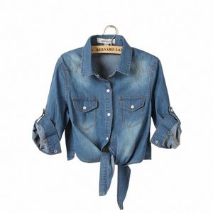 vårens sommarkoreanska stil kort sjal tröja 2020 kvinnor denim båge jeans små udde skjortor bs063 q7ky#