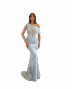 lucido sirena da sera dres una spalla un lato lg maniche paillettes donna elegante abito di ballo di pizzo appliques partito dr w91X #