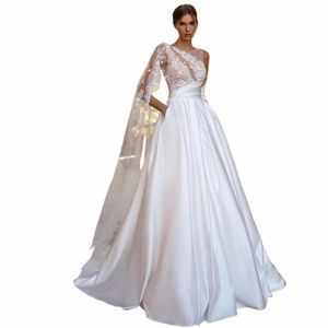 Elegant A-Line Wedding Dres Women 2024 Öppen baksida spets o-hals Satin Pleat Applique Brudklänningar svep Train Vestidos de Noiva F3sv#