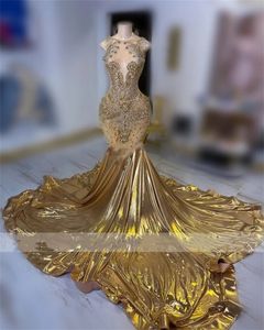 Diamanti in oro scintillanti Long Prom per Girl Black 2024 Abiti da festa della serata di strass