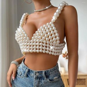 Canotte da donna Top corti con reggiseno di perle - Canotta trasparente per feste e club Design elegante scavato Festival Abbigliamento da spiaggia