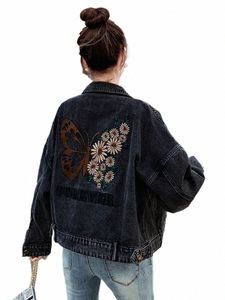 Schmetterling Fr Gestickte Brief Denim Jacke Frau Frühling Herbst Mantel Cott Oberbekleidung Butt Weibliche Mädchen Casual Jeans L1Rn #