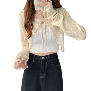 Dünne Sonnencreme Strickjacke Spitze-up Strickwaren Tops Frauen Sommer Weibliche Koreanische Stil Laterne Hülse Kurzmantel Casual Sonne Geschützt D6cg #