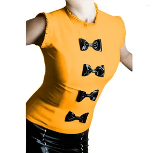 Damen-T-Shirts, modische Schleife, Rundhalsausschnitt, glänzendes PVC-Leder-Tanktop mit Rüschen, Damen-Sweet-High-Street-ärmellose T-Shirts, weibliche Party