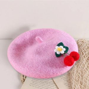 Dog Apparel Flower Decoration Pet Hat Cherry Felt Beret Cute Wool Headwear For Cats Dogs Adjustable Buckle Winter