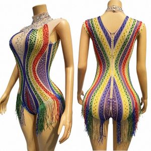 Färgglada Rhinestes Tassels Bodysuit Sexig ärm Transparent poldans Leotards Kvinnor Födelsedag Firar kostymutrustning HC Z2YM#
