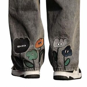 Nowe haftowane workowate dżinsy 2023 Streetwear American Casual Denim Szerokie nogi spodnie proste spodni F2YV#