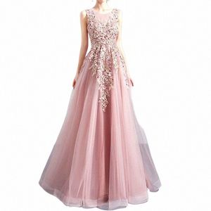 Female Sleevel Fr Dr Dr Ricamo di nozze Elegante abito da ballo rosa di lusso Donne Maxi perline da sera Mesh Formal Mesh Vestidos X4HR#