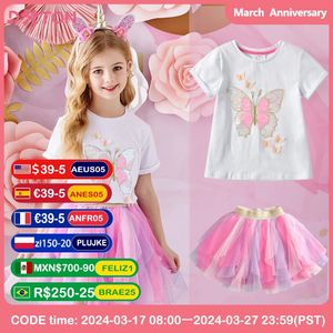 DXTON T-shirt girocollo in cotone con applicazioni di farfalle per ragazze e gonna principessa irregolare Set da 2 pezzi Set di vestiti estivi per bambini 240325