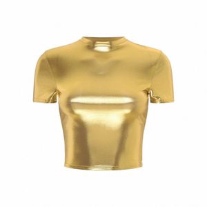 Womens Metallic Shiny Skinny T-Shirt Blus Disco Bar Pole Dance Tops Mock Neck Pullover Crop Top Jazz Dance Party Costume 51VA#