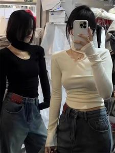 Women's T Shirts 2024 Ladies Y2K Style Casual Asymmetrical Black Elastic T-Shirts Spring Sexy Girl's Hollow Out Shoulder White Slim Tops