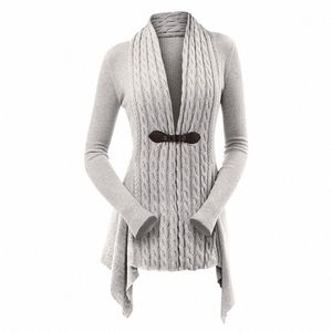 Kabelstickning Asymmetrisk LG Cardigan Women Sweater Kvinnlig Casual Solid V-Neck LG Sleeve Winter Cardigans F2KL#