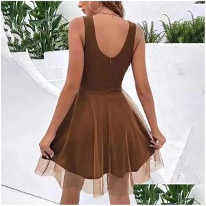 Abiti casual basic Abito da donna in rete Abito elegante con scollo a V impreziosito da perle da sera a trapezio con vita alta a doppio strato per la festa estiva Pr Otg4U