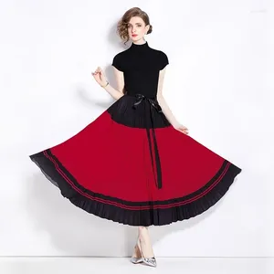Work Dresses 2024 Spring Summer Black Knitted Stand Collar Short Sleeve Elastic T-Shirt Suits Lace Up Striped Pleated Skirt Two Piece Set