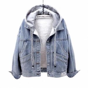 blue Adjustable Hooded Denim Jacket Women Loose Butt Patchwork Outwear Jean Coat Female plus veet overcoat m tops thicken j4Vt#