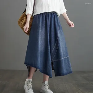 Etekler #3050 ​​Siyah Mavi Kadınlar Denim Elastik Belli Düzensiz Kot Partisi Ayak Bileği Uzunluk A-Line Vintage Street Giyim Cepleri
