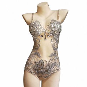 Sparkly Sier Rhinestes See Through Bodysuit Women Feather Leotard Outfit Female Bar Dance Stage Party Dance Stage Costume G8Qs#