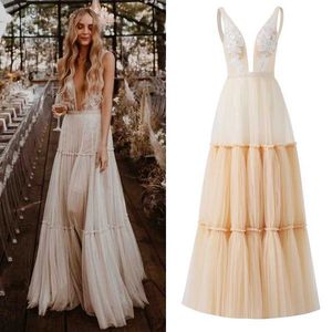 Urban Sexy Dresses 1333#Boho Deep v Neck Slicfeless Backless Bridal Beach Tulle Lace Length A-Line Champagne Wedding Dress Grow YQ240329