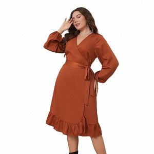 women's Plus Size Lg Lantern Sleeve Swing Midi Dr V Neck Wrap Belted A Line Ruffle Trim Tie Side Robe Solid color clothing a1VY#