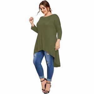 Plus Size Elegante Fi Tops Mulheres 3/4 Manga Sólida Exército Verde Casual Hi Low T-shirt Verão Primavera LG Túnicas Blusa 5XL 6XL I2Hy #