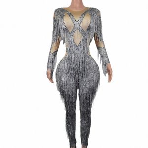 Rhinestones Quaste Overall Backl Lg Hülse Bodyc Damen Nachtclub Leistung Outfit Tanz Abend Party Kostüm Huihuzi e70E #