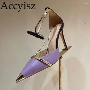 Sapatos de vestido apontados sandálias de couro genuíno primavera outono boca rasa arco design cinta traseira salto alto festa banquete elegante