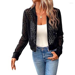 Women's Jackets Women Long Sleeve Lace Stand Collar Solid Color Hollow Out See Through Zipper Decor Fashion Cardigan Coat Slim