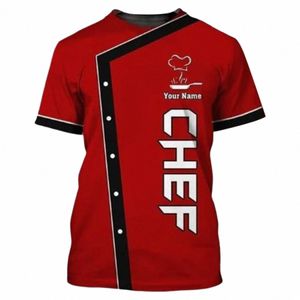 mens Short Sleeve 3D Print T-shirt Chef Uniform Cook Food Service Tops for Hotel Restaurant Kitchen Canteen Cake Shop Bakery F2bC#