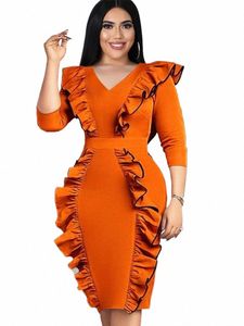 Ontinva Plus Size Dres Donna Arancione Scollo a V Lg Manica Ruffles Vita alta Bodyc Elegante Ladies Evening Event Party Gowns x2Xp #