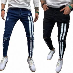 men Jeans Knee Hole Ripped Stretch Skinny Denim Pants Solid Color Black Blue Autumn Summer Hip-Hop Style Slim Fit Trousers S-3XL w9HE#