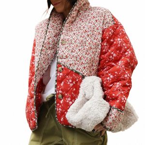 floral Print Spliced Coat For Women Winter Cott Down Coats Lg Sleeve Thick Warm Cott Padded Jacket Lightweight Outerwear d88r#