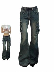 Cargo Hosen Frauen Koreanische Fi Große Tasche Femme Flare Hosen Frühling Sommer 2024 Neue Casual Mopp Denim Lose Jeans Hosen o0ne #