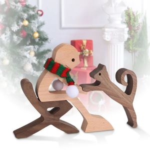 Family Puppy Wood Dog Craft Figurine Desktop Table Ornament Carving Creative Home Office Decoration Pet Sculpture Christmas Gift 240325