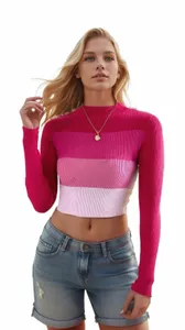 Ny vår sommarkvinnor lg ärm turtleneck färgblock ribbad skörd tröja femme multicolor pull knitwears kläder tröjor n4qg#