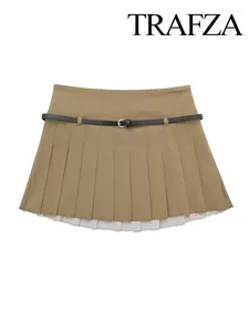 Skirts TRAFZA Women Spring Fashion Solid High Waist Belt Decoration Zipper Short Female Street Pleated