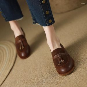 Sıradan Ayakkabı Kadınlar Cowhide Ture Loafers Med Topuk Günlük Bayanlar Bahar Daireleri Basit Patchwork